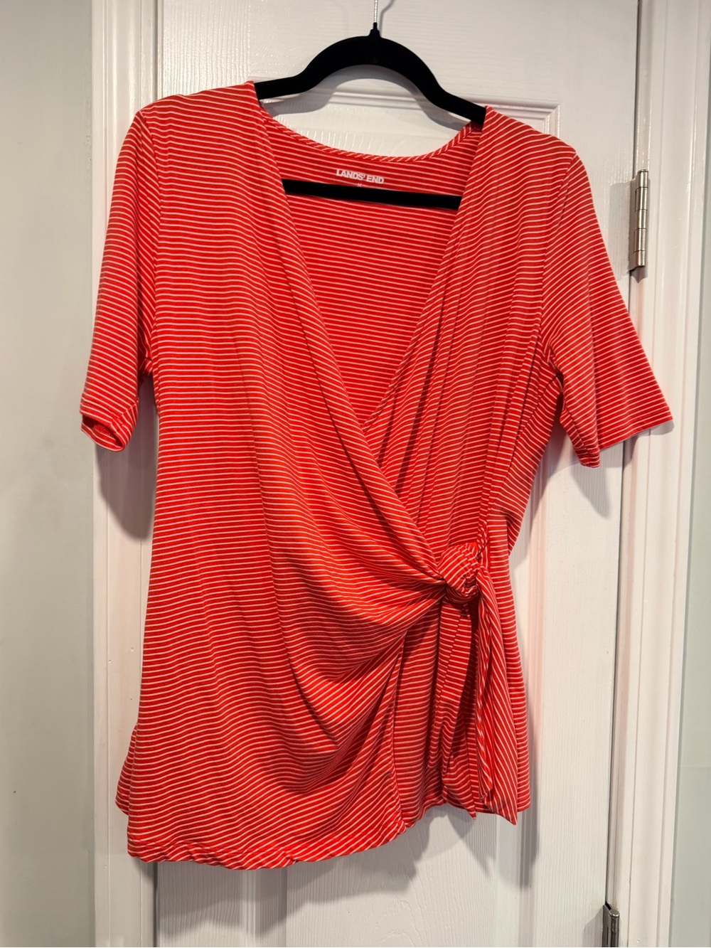 Lands’ End Striped Size M Faux Wrap Side Tie V Neck Short Sleeve Cotton Top
